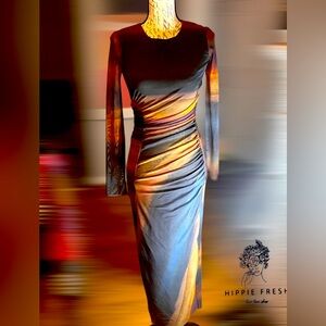 Zara Tie Dye Earthy Colors Print Tulle Long Sleeve Ruched Maxi Dress New WTags S